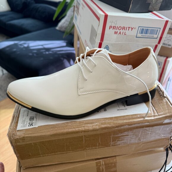 Santimon Men's US 8, 10 White Patent Leather Lace Up Pointed Toe Oxford Shoes - Picture 5 of 11